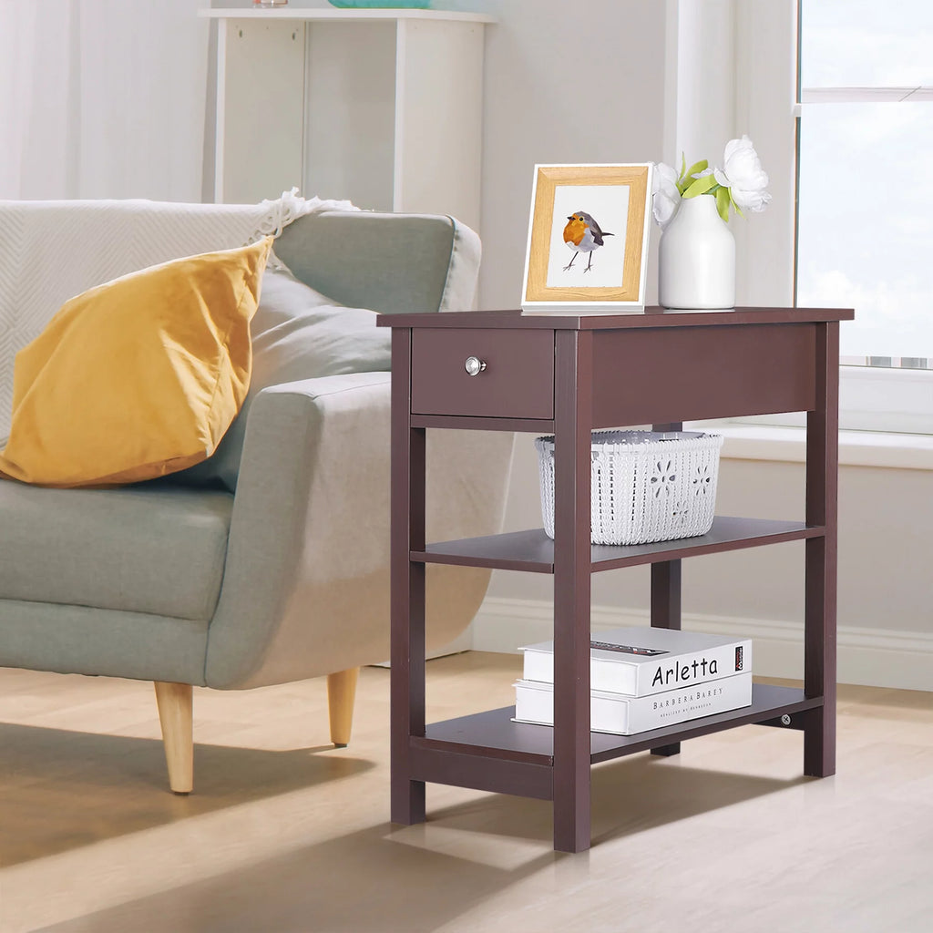 2 Pack 3-Tier Narrow MDF End Table with Drawer & Storage Shelf G614938