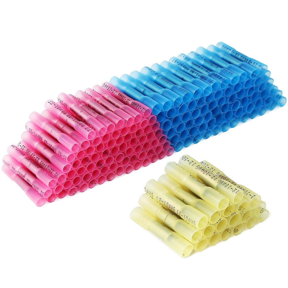 200PCS Insulated Waterproof Wire Connector Crimp Butt Splice Terminal Kit (3 Colors / 3 Sizes) Pack of 2 Y100562