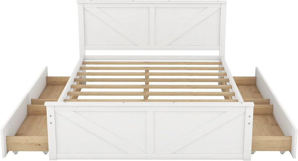 White Queen Size Platform Bed with 4 Drawers J94429
