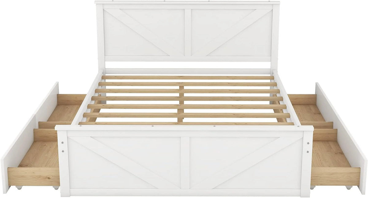 White Queen Size Platform Bed with 4 Drawers J94429