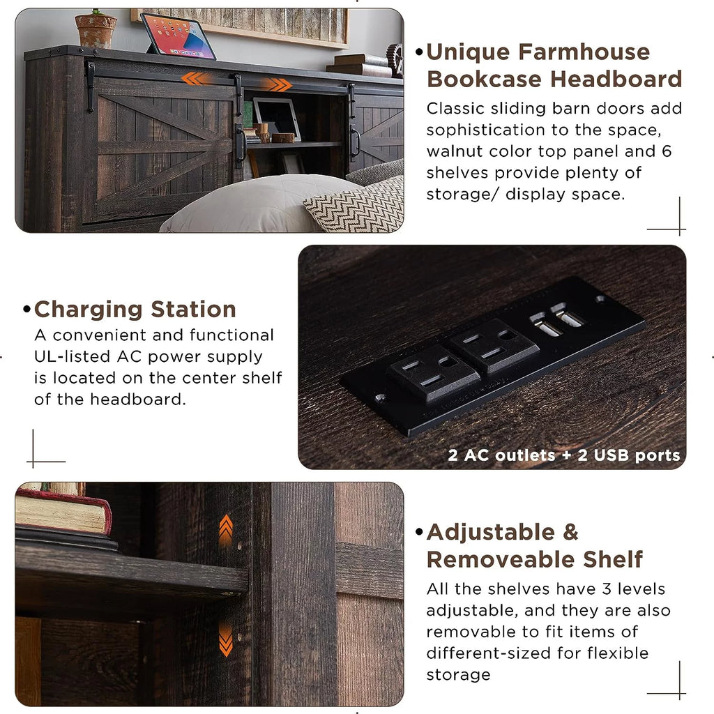 Light Rustic Oak Wood Platform Bed Frame with Bookcase Storage Headboard F31151