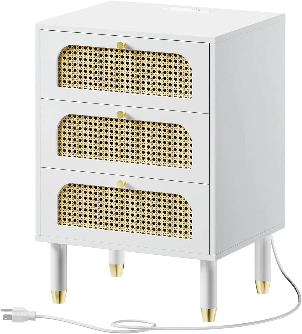 White Rattan Nightstand with Charging Station E115615