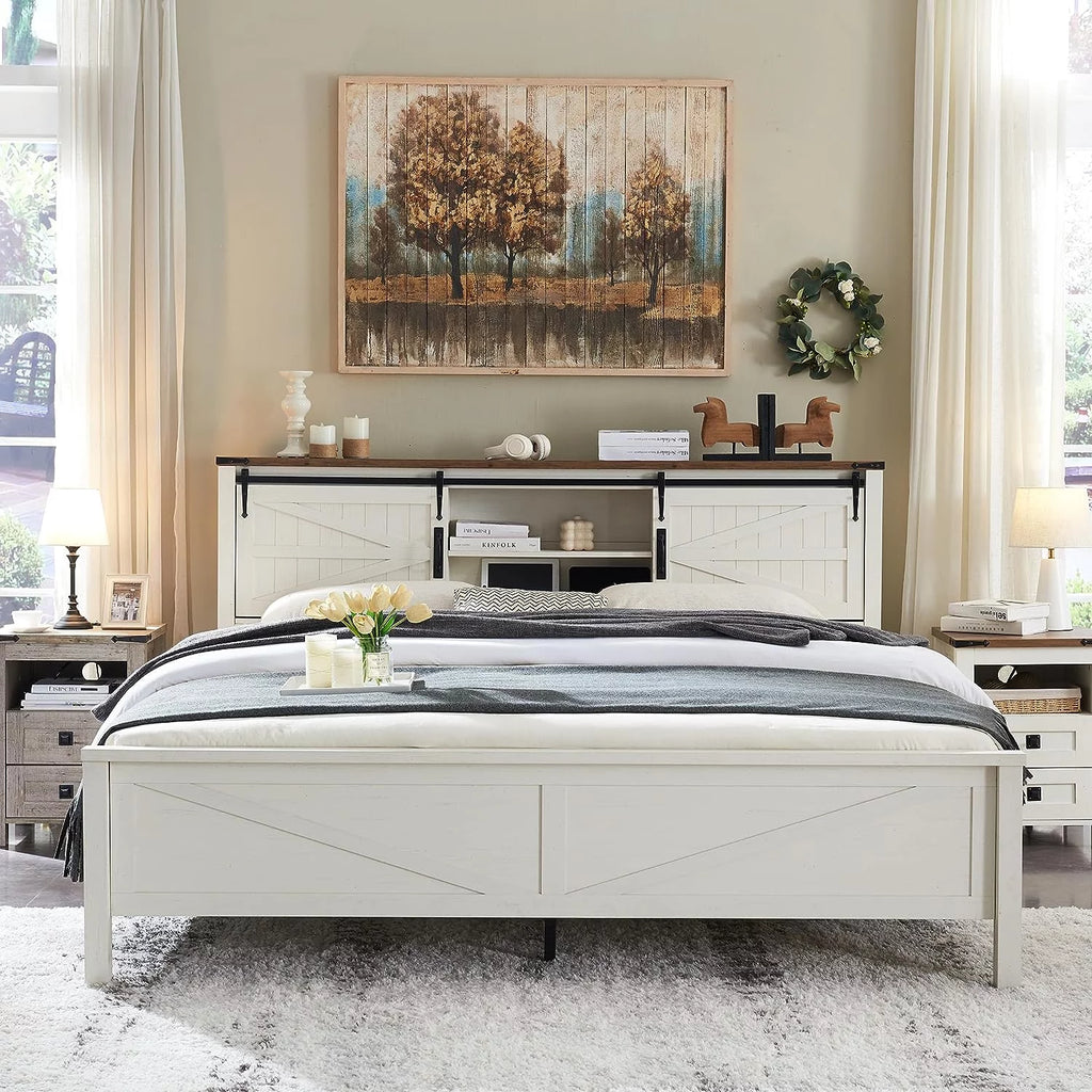 Light Rustic Oak Wood Platform Bed Frame with Bookcase Storage Headboard F31151