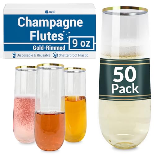 50 Pack 9oz Clear Gold Rim Stemless Plastic Champagne Flutes P402