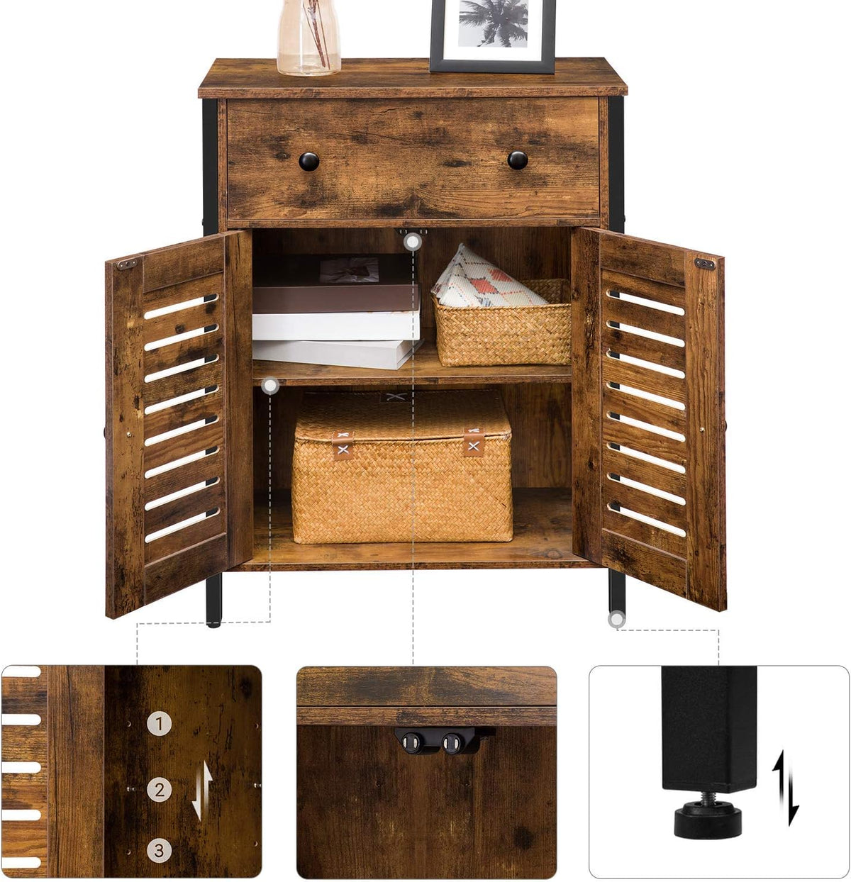 Rustic Brown Kitchen Sideboard Floor Storage Cabinet with Drawers and Height-Adjustable Shelves K7414