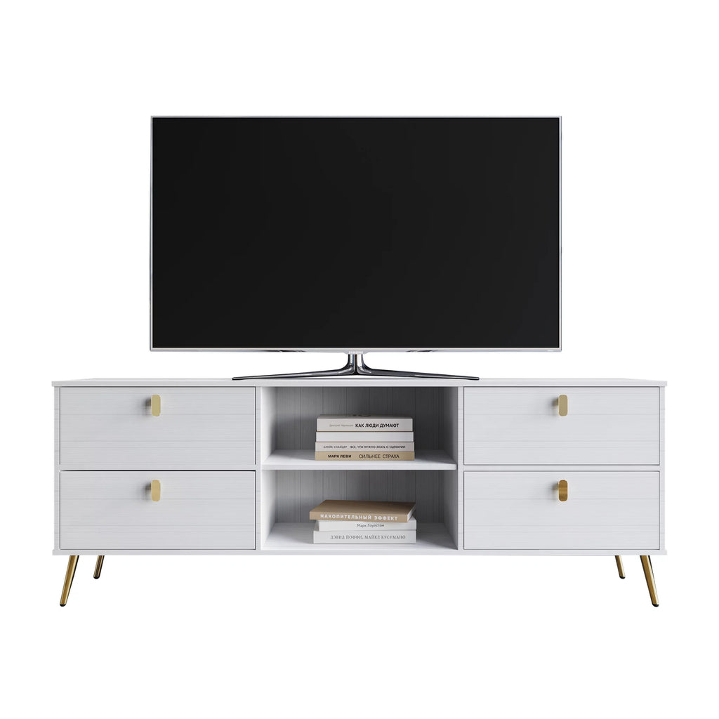 White Wood TV Stand with Gold Metal Legs U802012