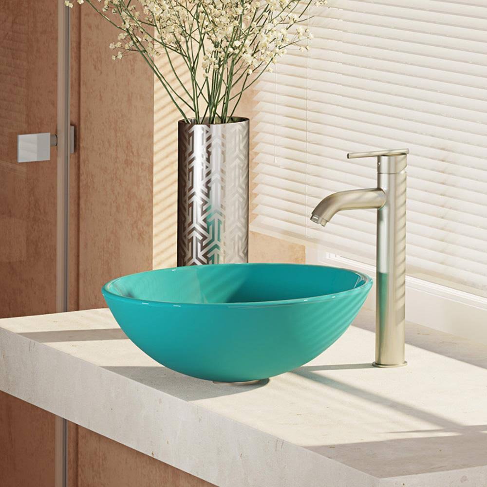 16-1/2x22 Glass Vessel Bathroom Sink with Vessel Faucet Cerulean Brushed N8423