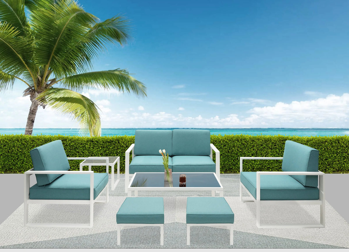 White Frame Blue Cushion 7 Pcs Outdoor Patio Furniture Set D3810