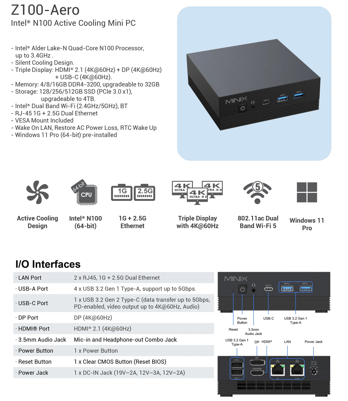 Intel N100 Mini PC 16GB RAM 512GB SSD Windows 11 Pro V12945