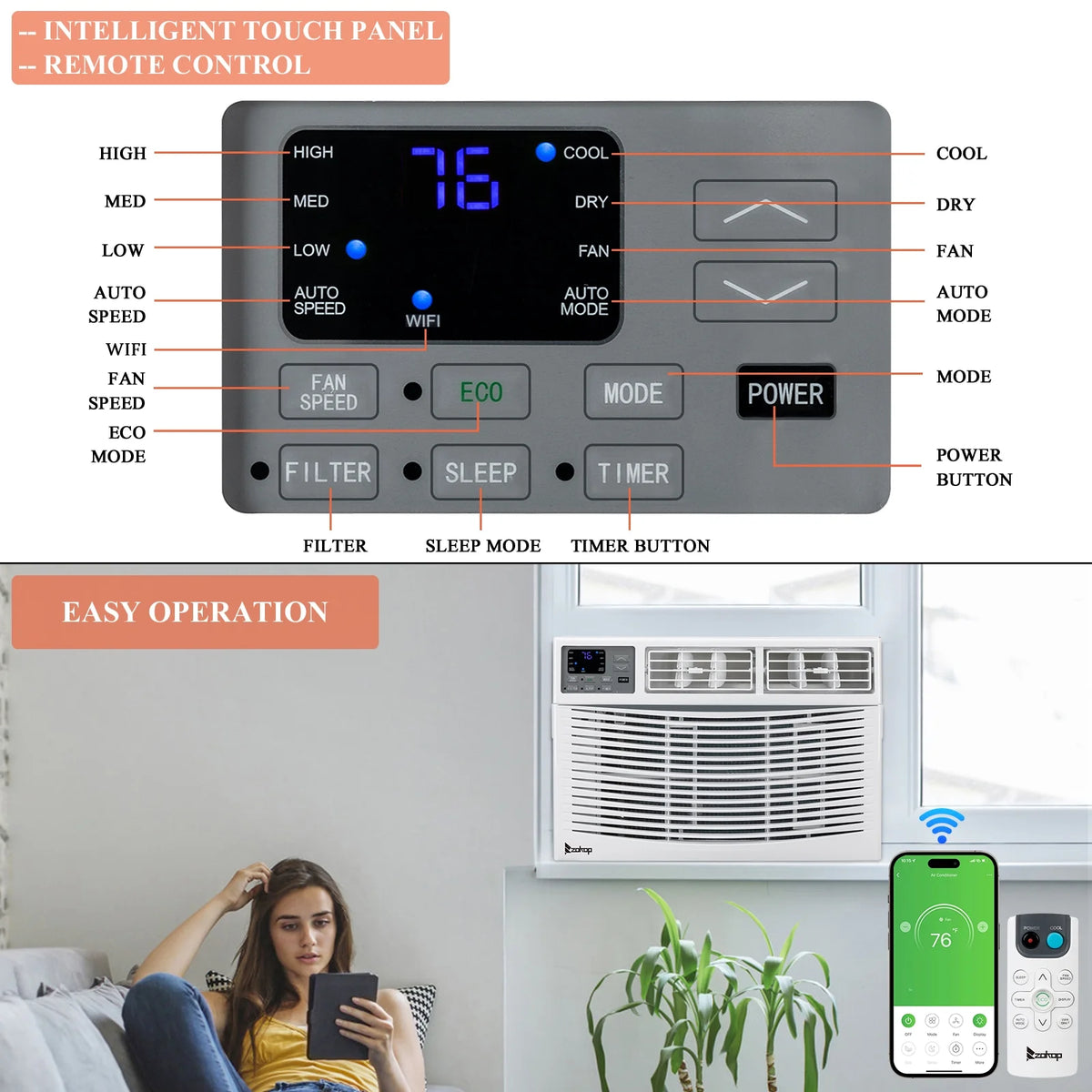 10,000 BTU 115V Window-Mounted Compact Air Conditioner with Remote Control, White H502