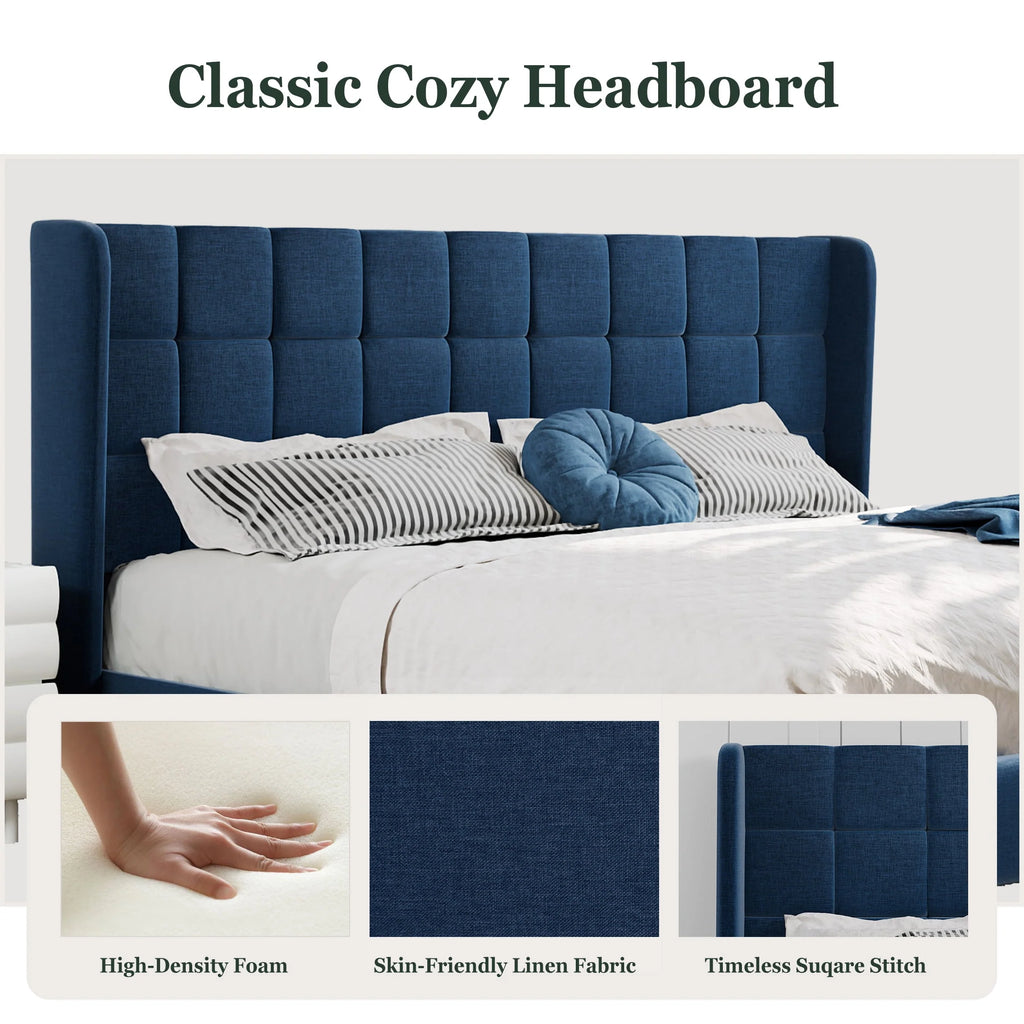 Queen Size Dark Grey Platform Bed with Wingback Headboard U94689