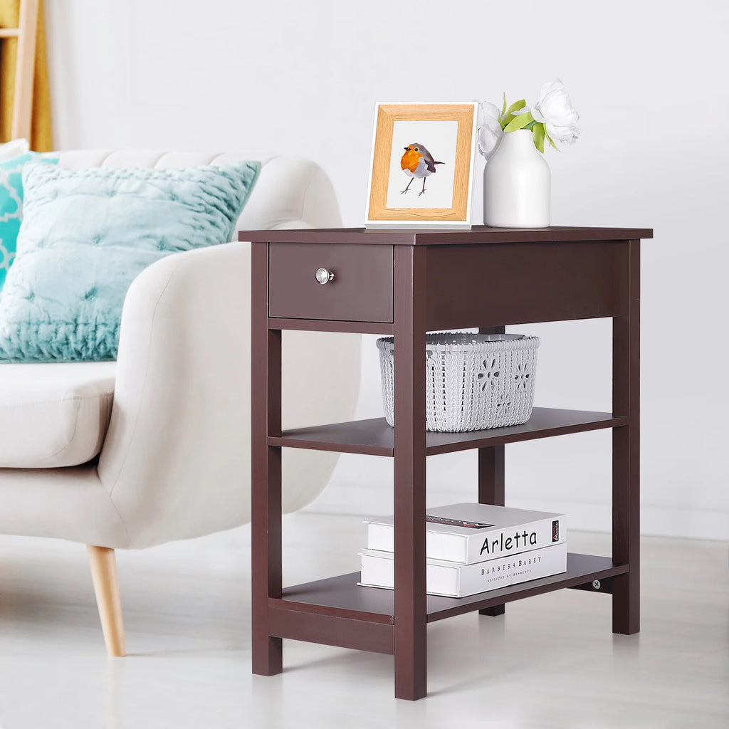 2 Pack 3-Tier Narrow MDF End Table with Drawer & Storage Shelf G614938