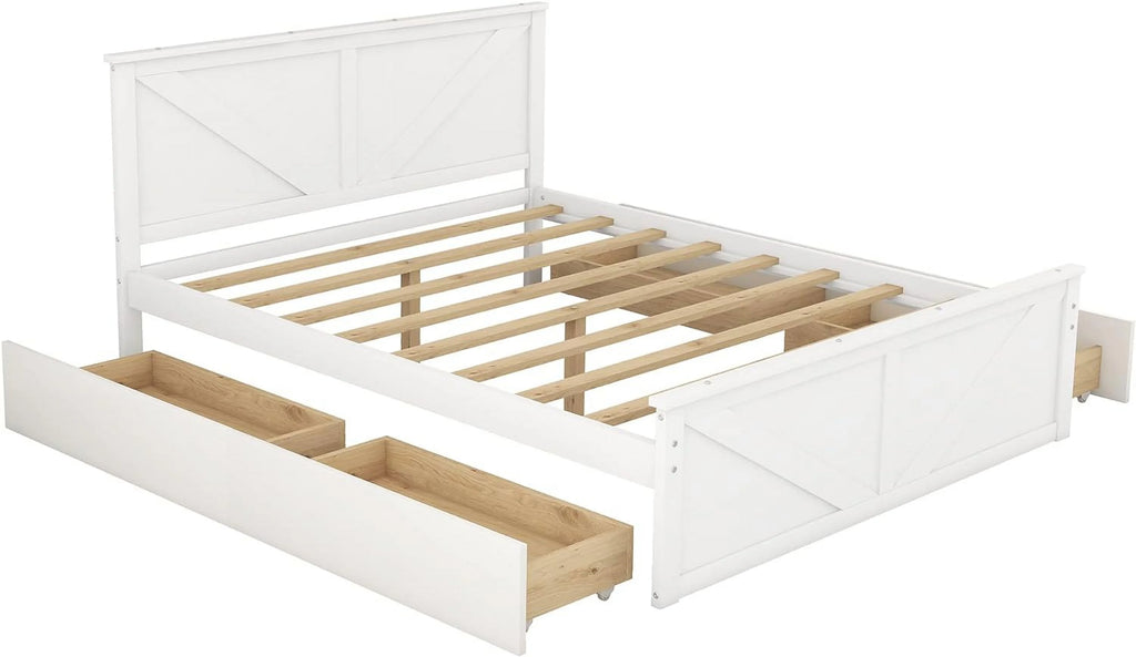White Queen Size Platform Bed with 4 Drawers J94429