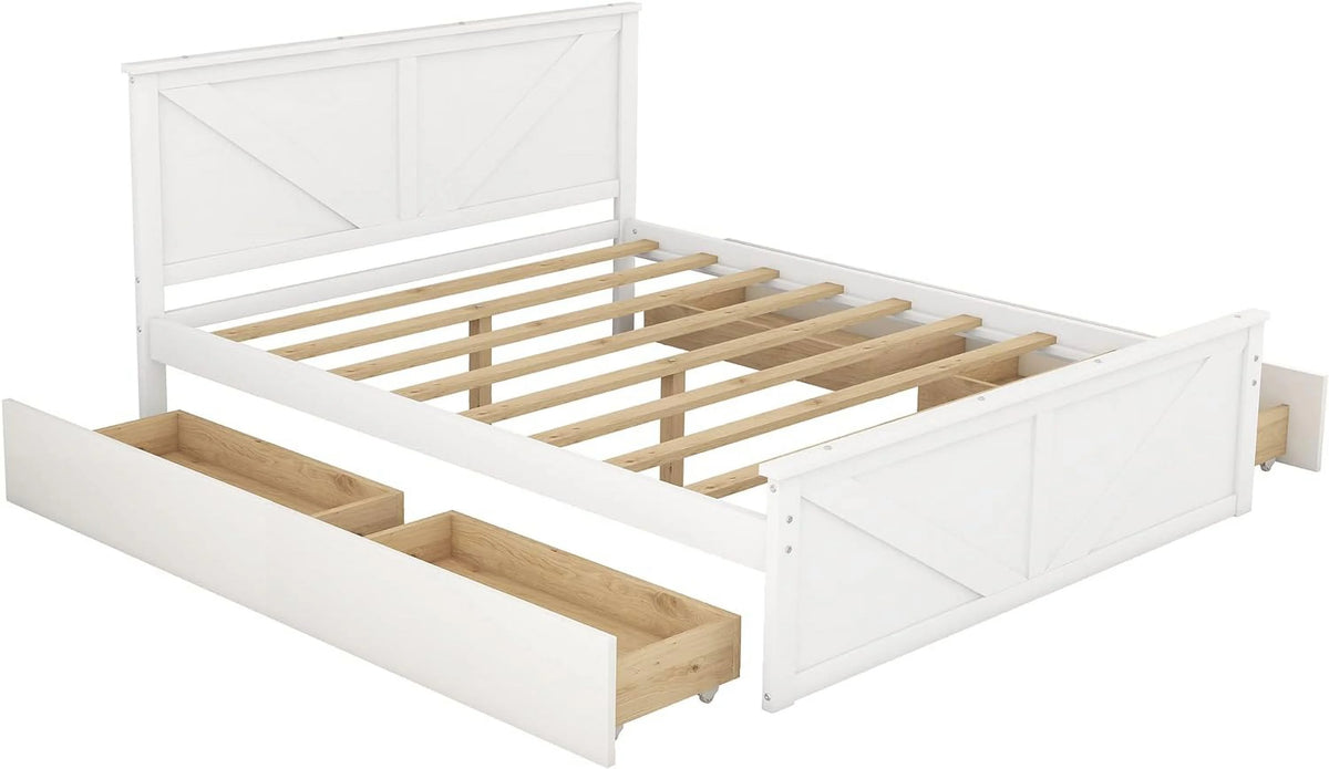 White Queen Size Platform Bed with 4 Drawers J94429