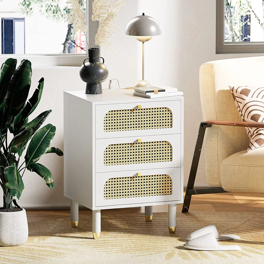 White Rattan Nightstand with Charging Station E115615