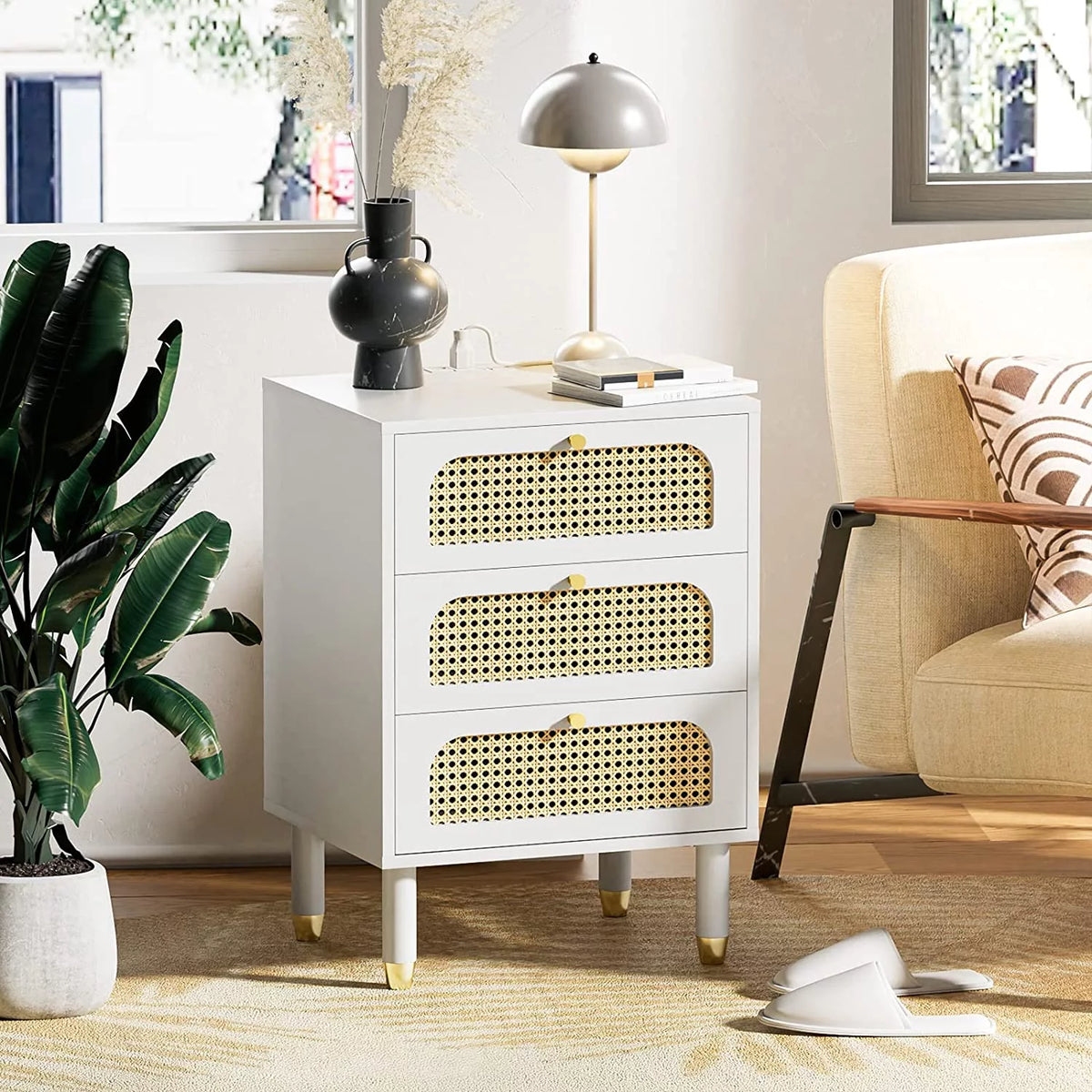 White Rattan Nightstand with Charging Station E115615