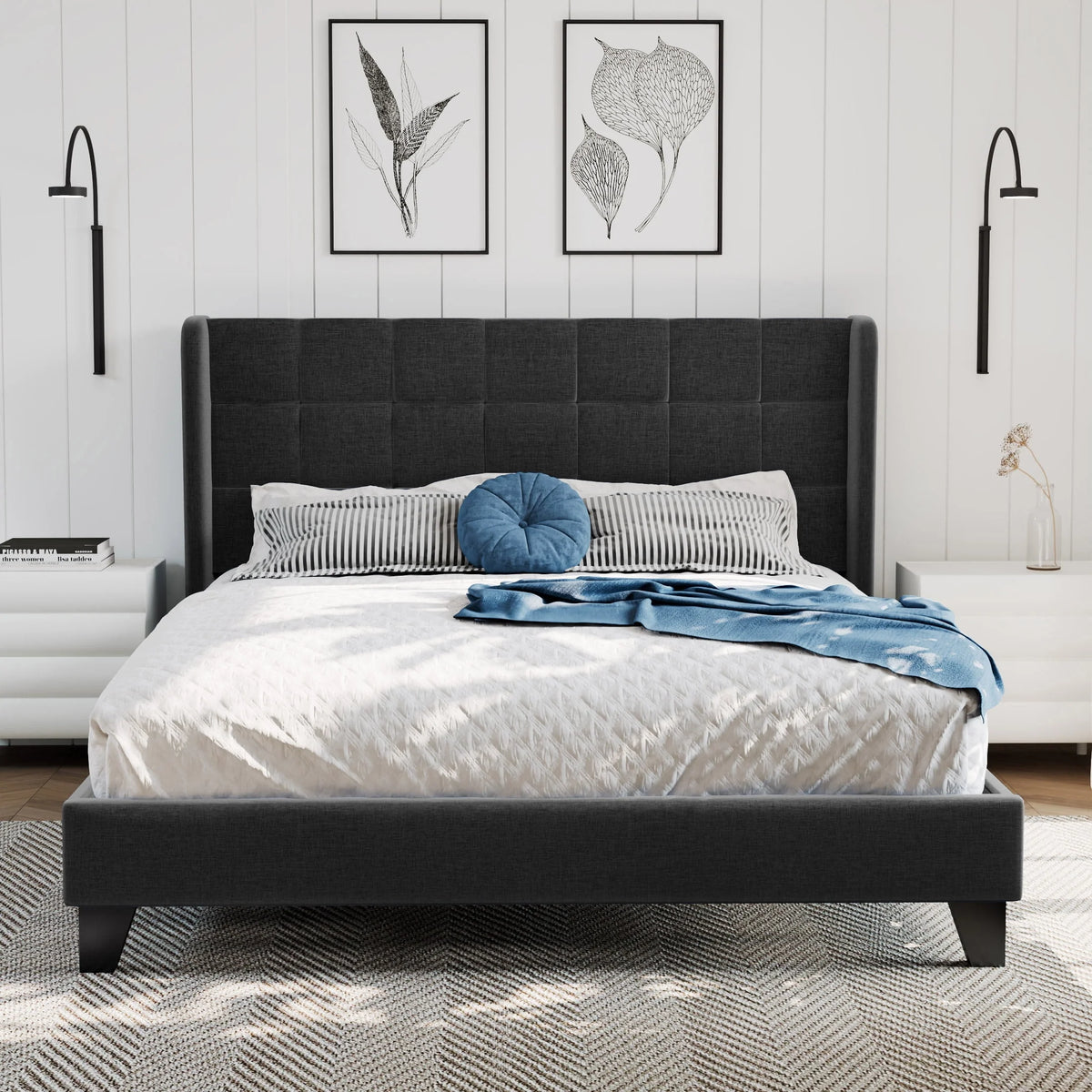 Queen Size Dark Grey Platform Bed with Wingback Headboard U94689