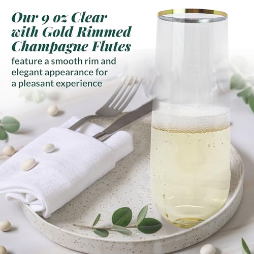 50 Pack 9oz Clear Gold Rim Stemless Plastic Champagne Flutes P402