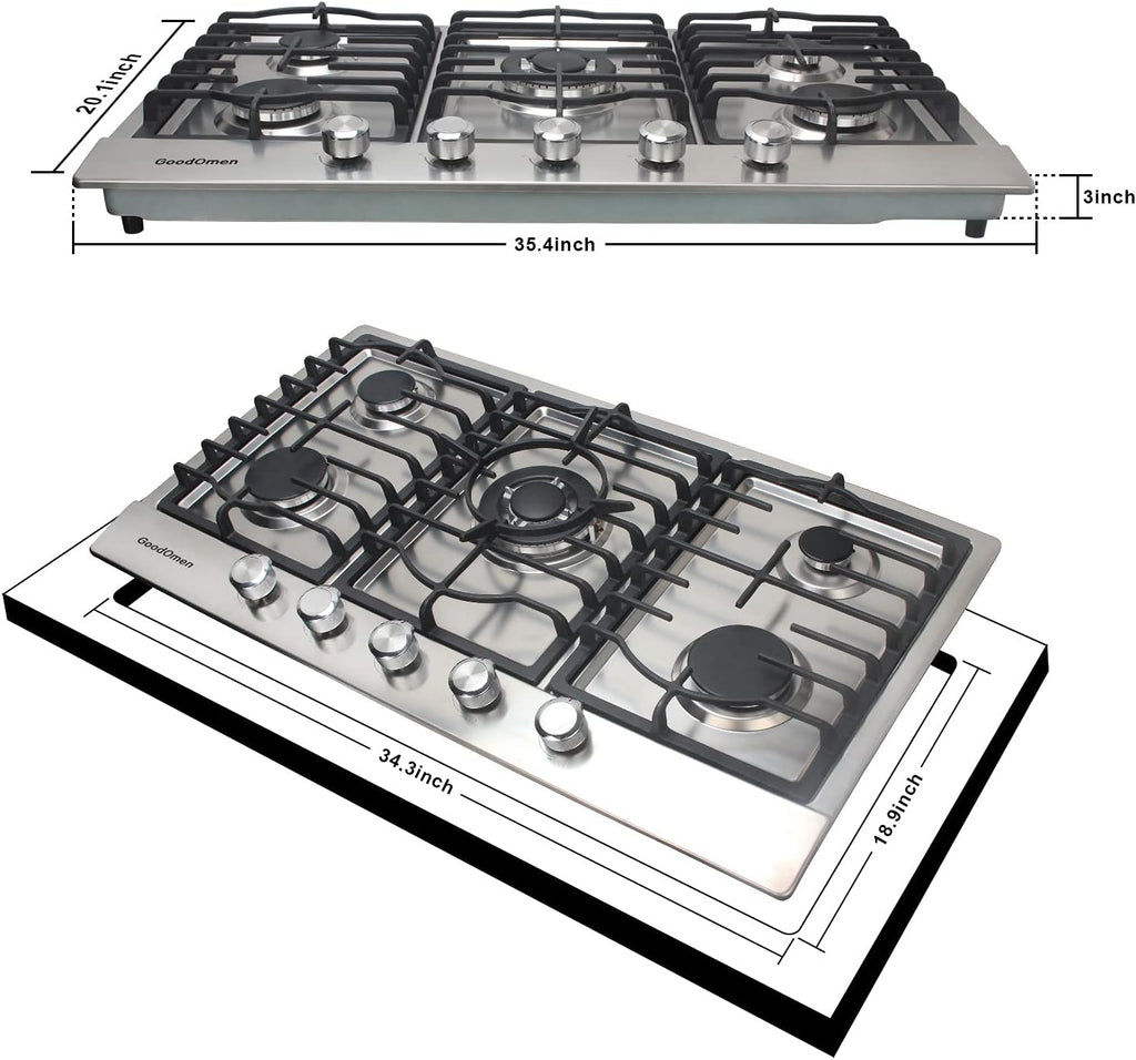 36 inch 5 Sealed Burners Stainless Steel Gas Cooktop with Cast Iron Grates T83393