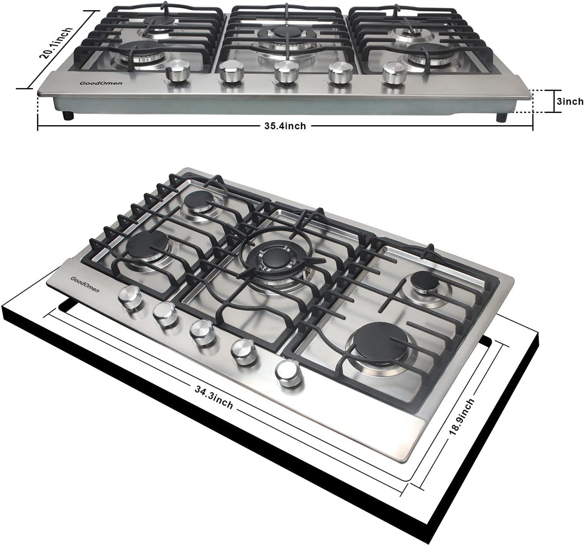 36 inch 5 Sealed Burners Stainless Steel Gas Cooktop with Cast Iron Grates T83393