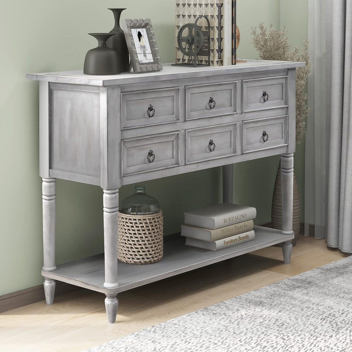 Navy Blue 6 Drawers Console Table with Cabinet and Shelf I7421