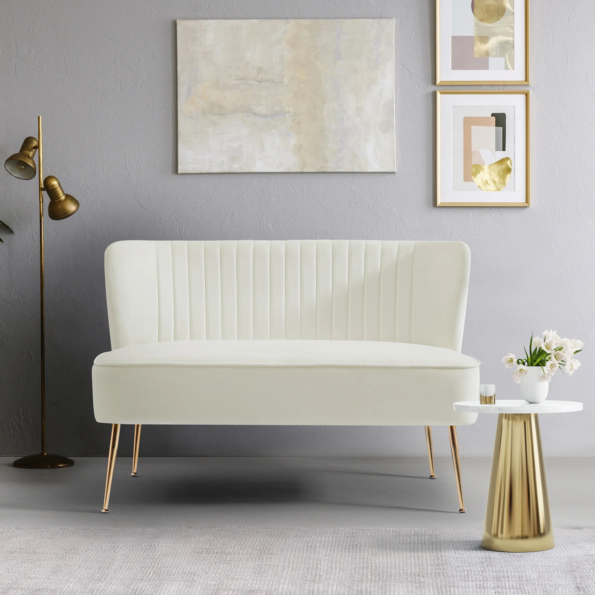 46" Wide Ivory Velvet Upholstered Love Seat Sofa Y189783