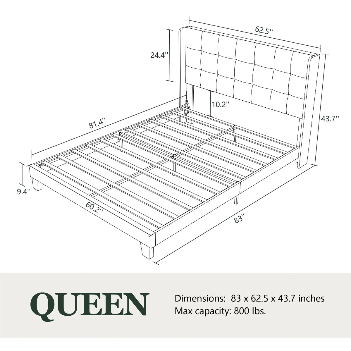 Queen Size Dark Grey Platform Bed with Wingback Headboard U94689