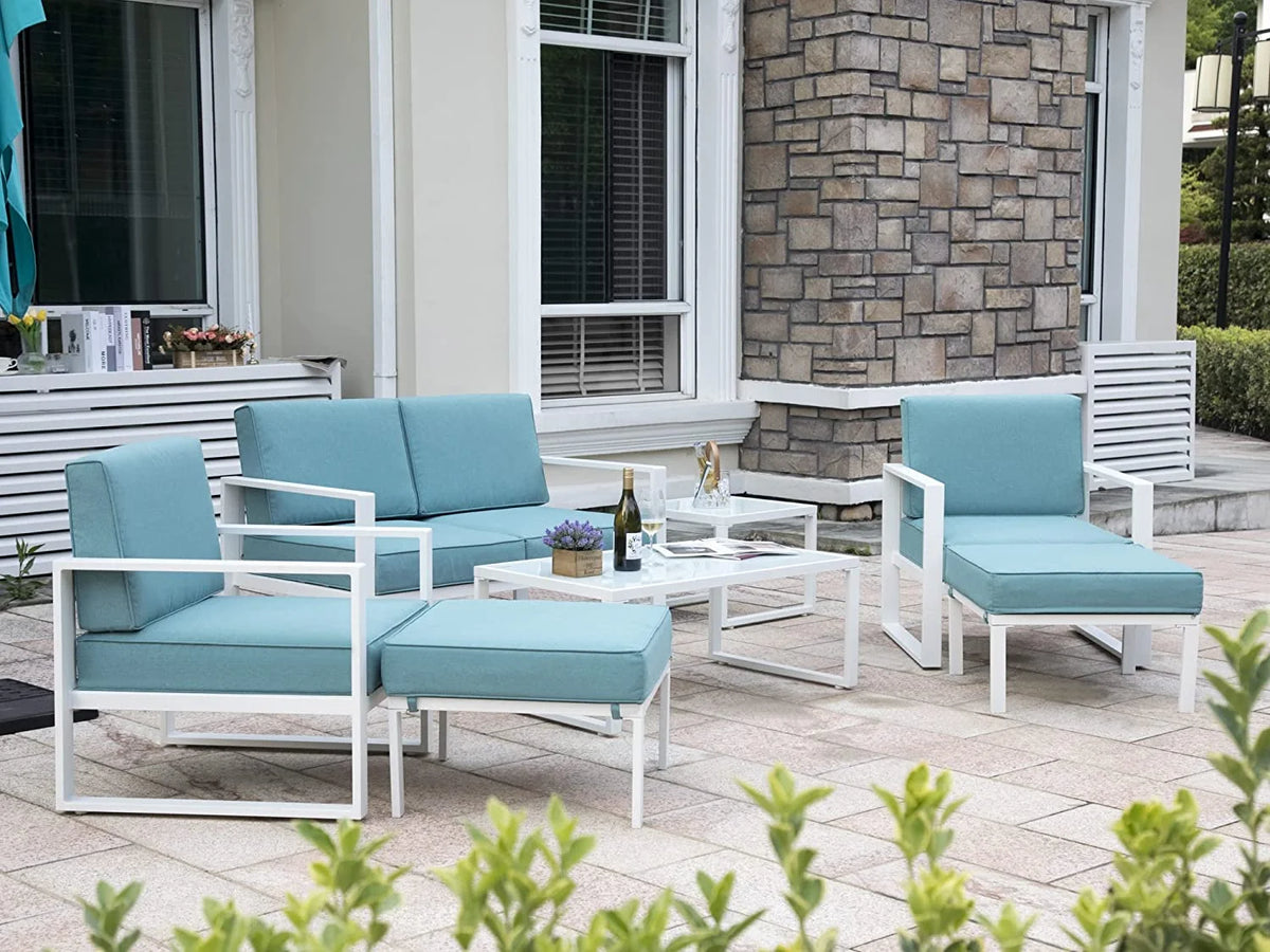 White Frame Blue Cushion 7 Pcs Outdoor Patio Furniture Set D3810