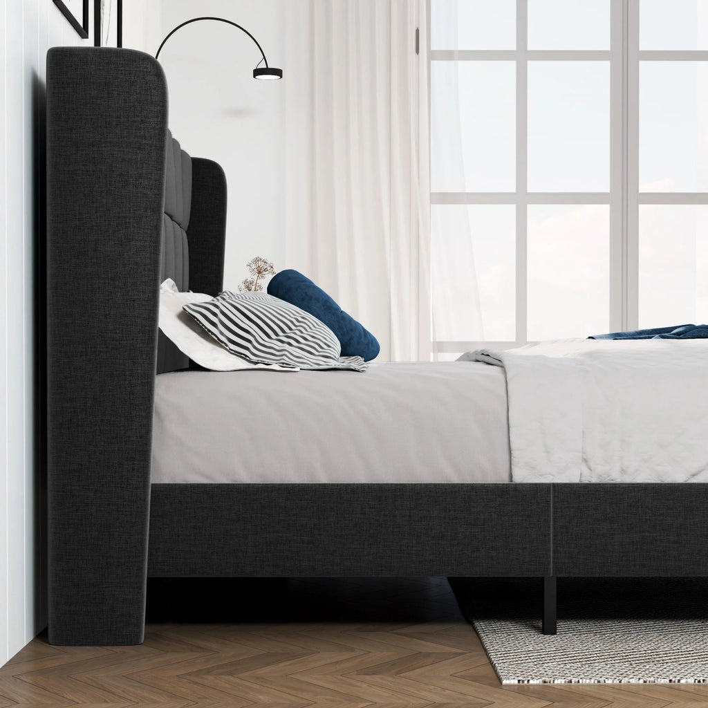 Queen Size Dark Grey Platform Bed with Wingback Headboard U94689
