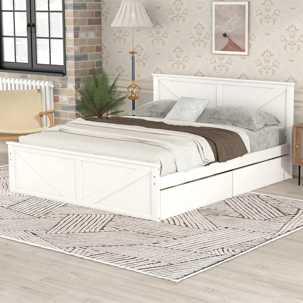 White Queen Size Platform Bed with 4 Drawers J94429