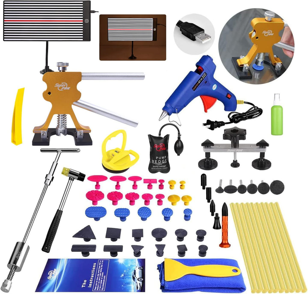 68 Pcs Auto Body Paintless Dent Removal Tools Kit LED Reflect Light Board Dent Lifter Bridge Puller Set H4174