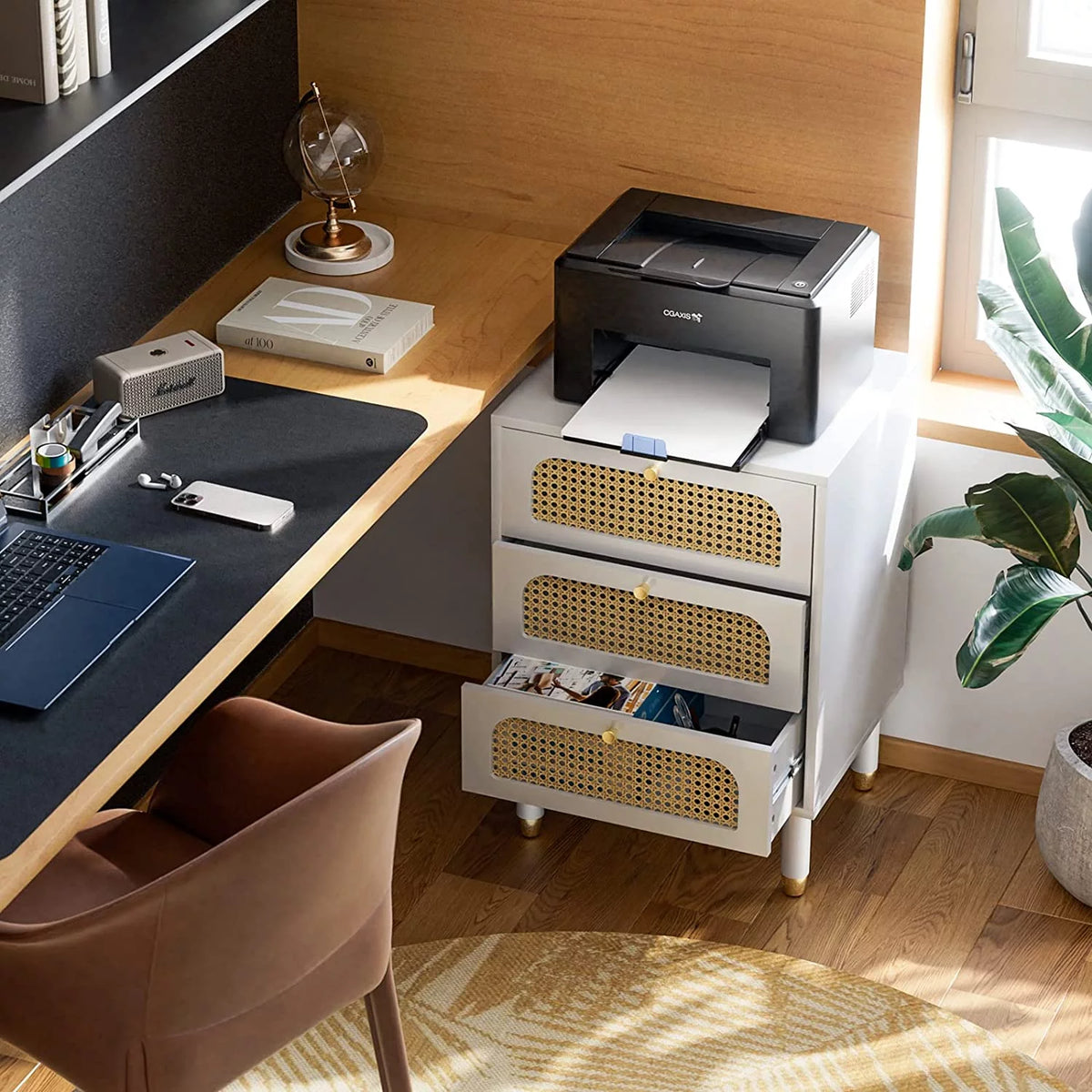 White Rattan Nightstand with Charging Station E115615