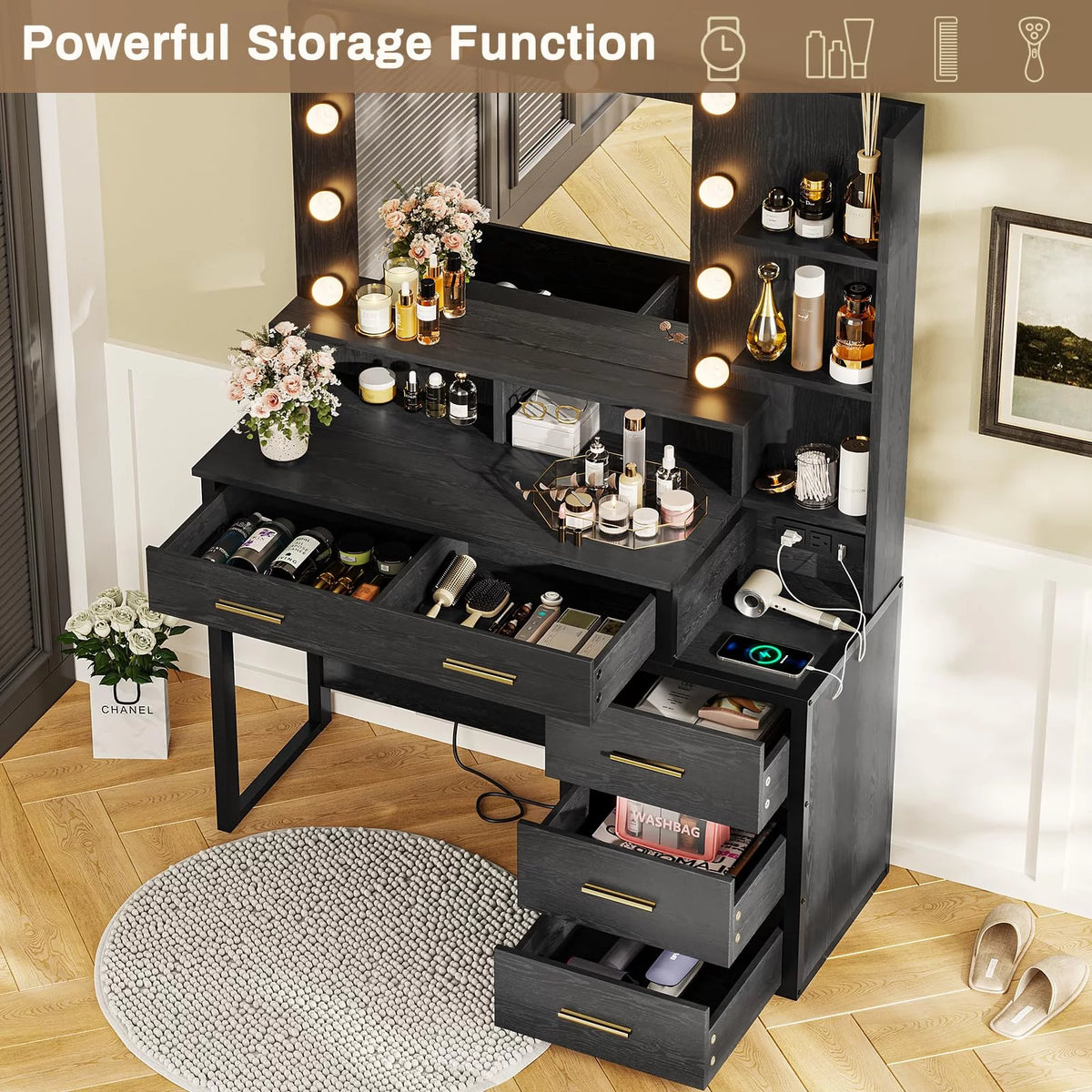 Black Makeup Vanity with Mirror V427525