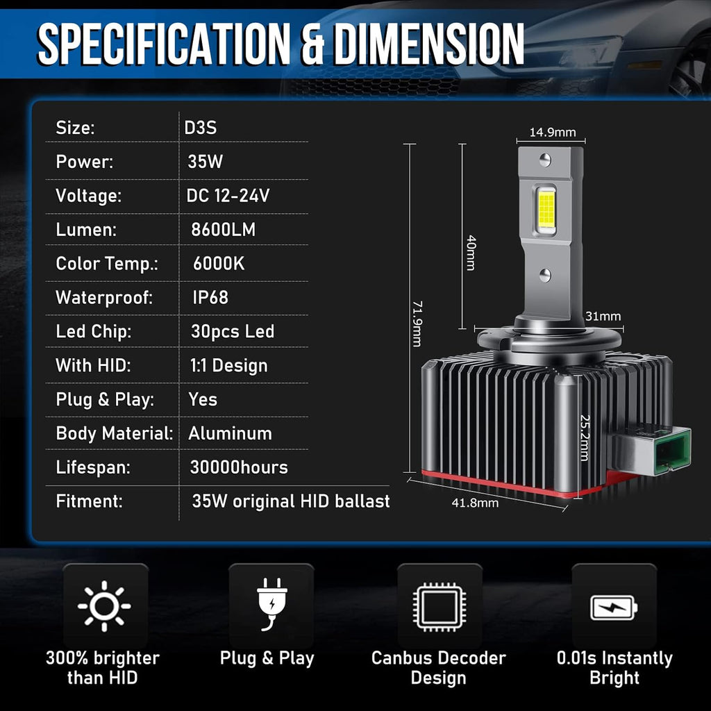 D3S LED Bulbs 6000K White 70W 8600LM Headlight Bulb A8249