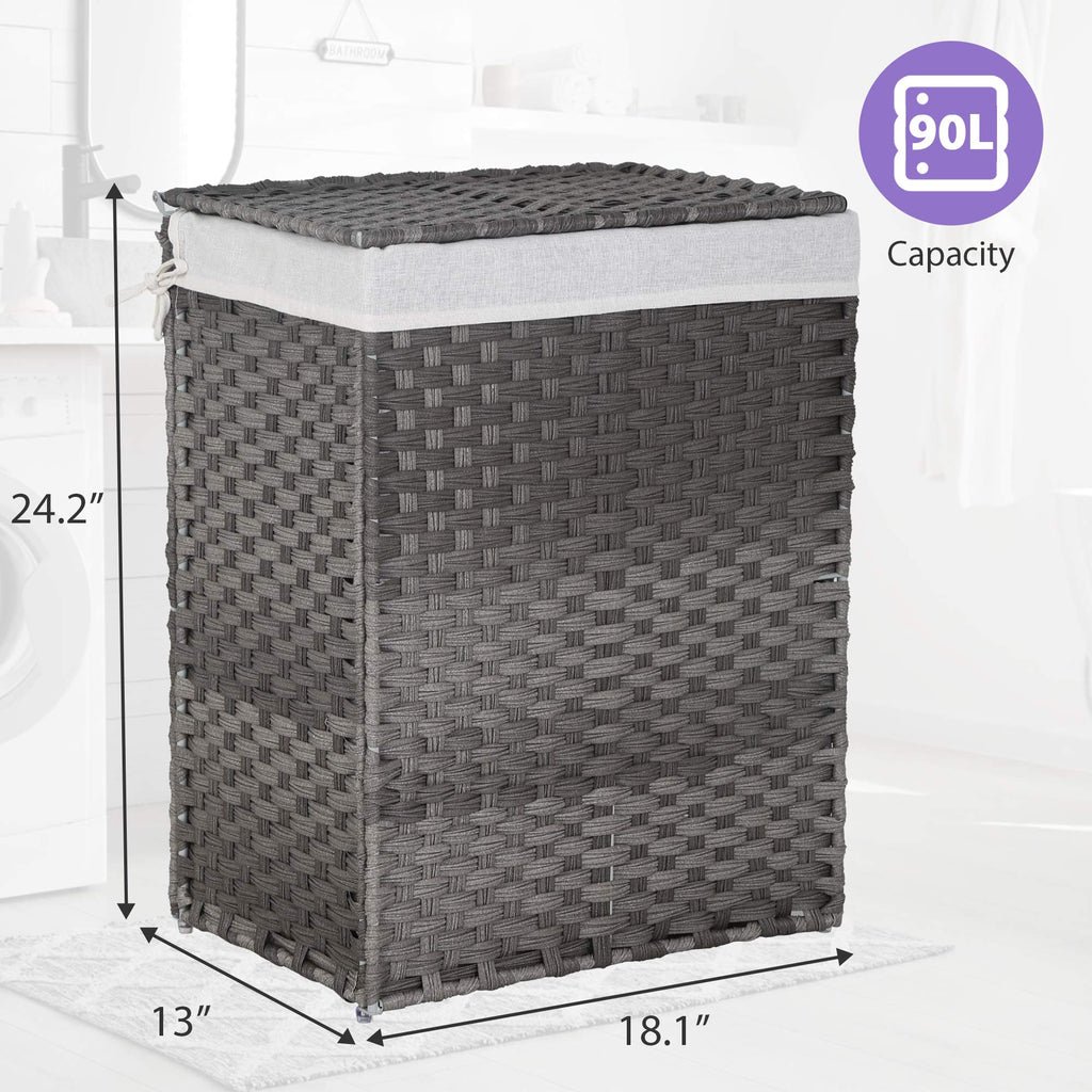 Divided Laundry Hamper 90L/110L Synthetic Rattan Handwoven Double Sorter with Liner Bags Foldable Grey O5139