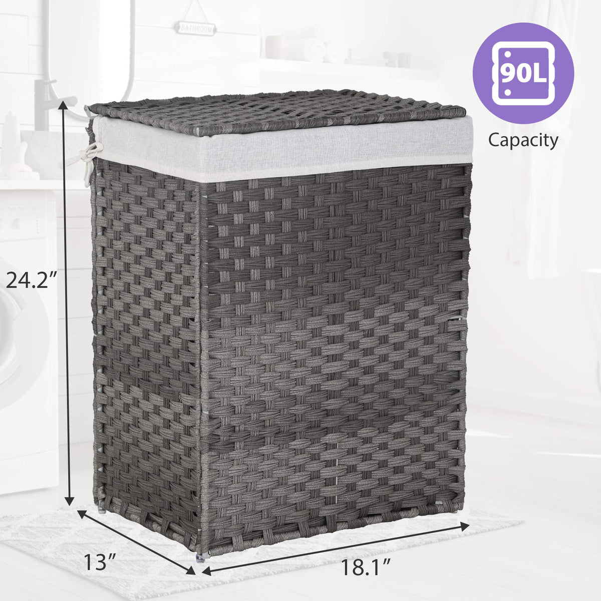 Divided Laundry Hamper 90L/110L Synthetic Rattan Handwoven Double Sorter with Liner Bags Foldable Grey O5139