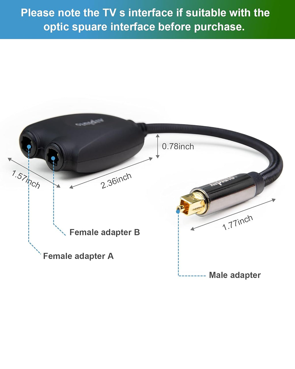 Fiber Optic Audio Splitter 1 in 2 Out Optical Audio Adapter with 24K Gold Plated Connectors M826248