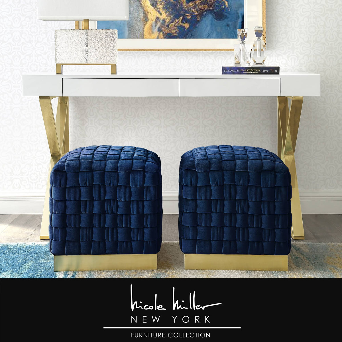 Navy Gold Velvet Cube Ottoman Y8526