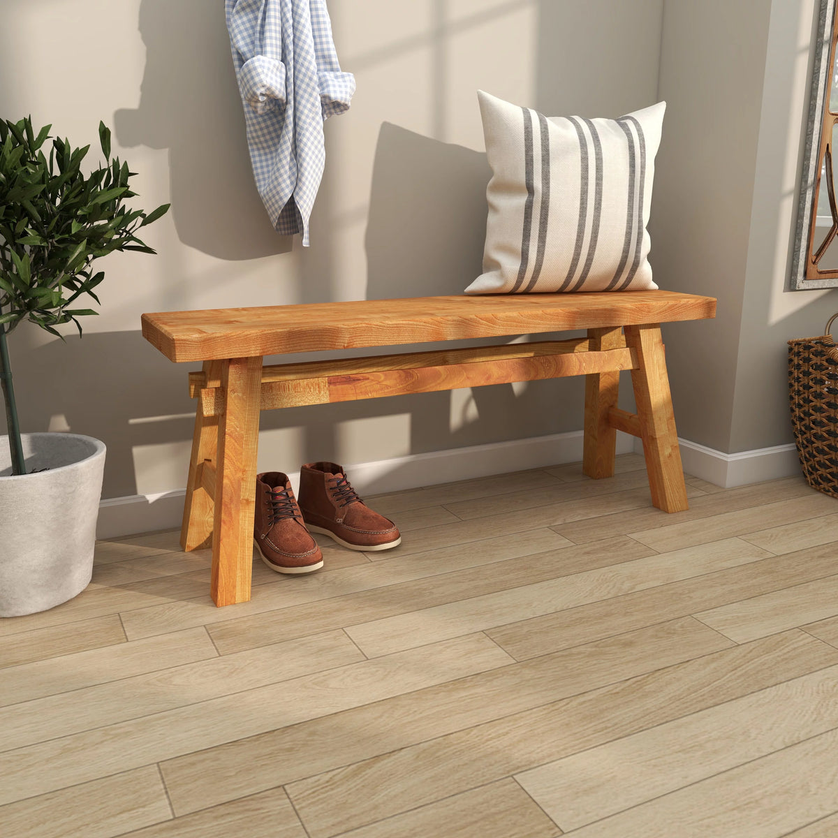 Wood Handmade Distressed Bench with High Trestle Legs X129248