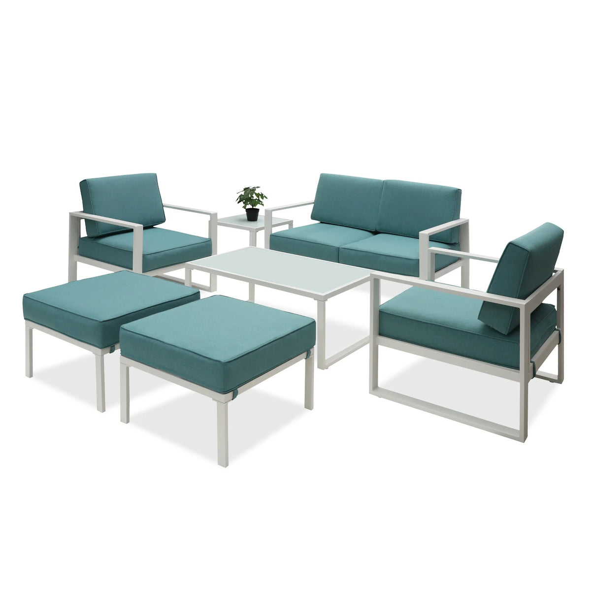 White Frame Blue Cushion 7 Pcs Outdoor Patio Furniture Set D3810