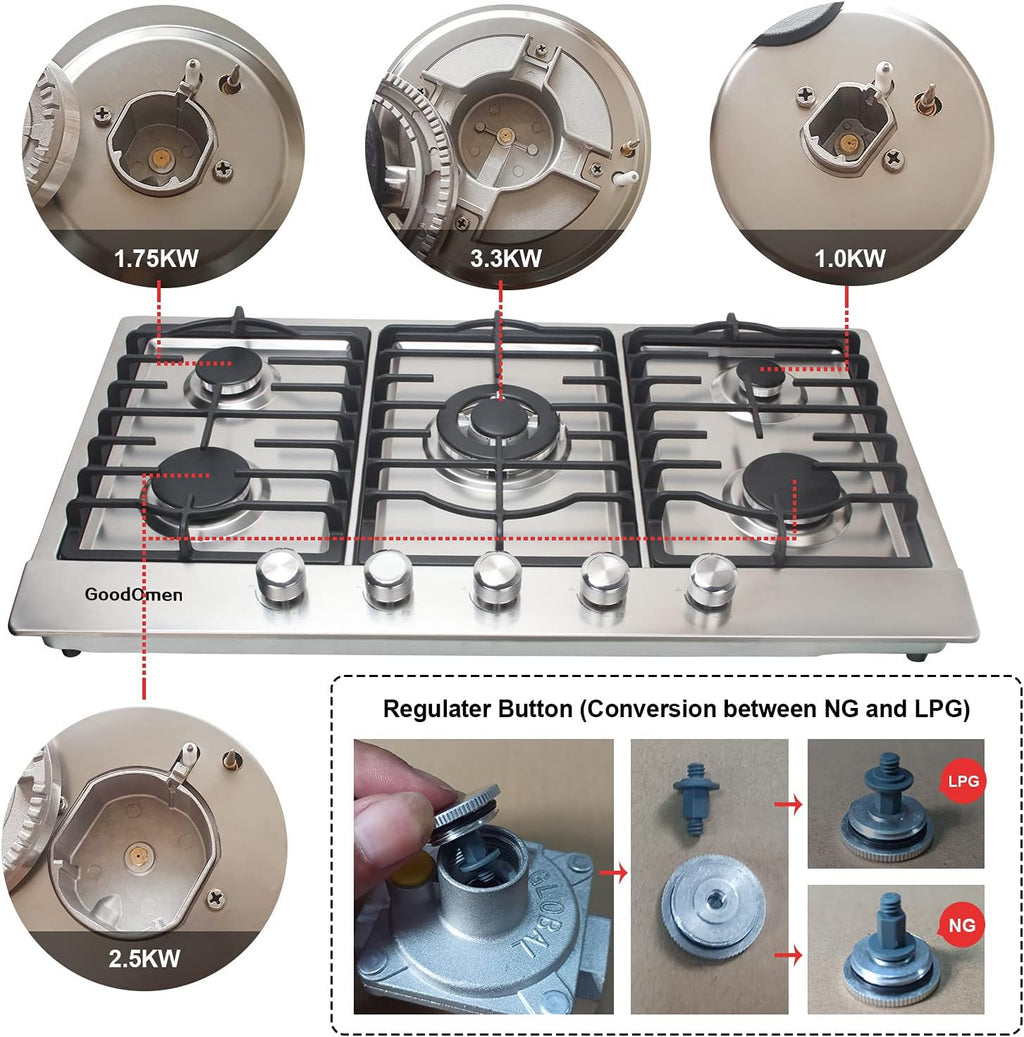 36 inch 5 Sealed Burners Stainless Steel Gas Cooktop with Cast Iron Grates T83393