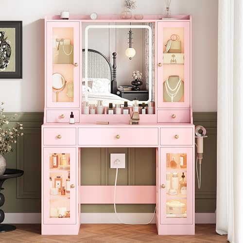 White Vanity Desk with Lighted Mirror and 5 Drawers N1861