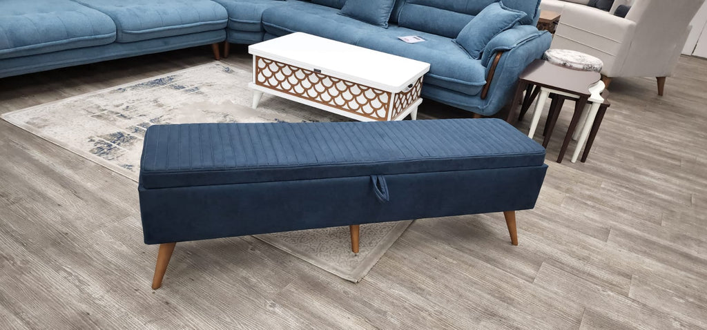 Navy Fabric Top Entryway Bench with Wood Legs V201436