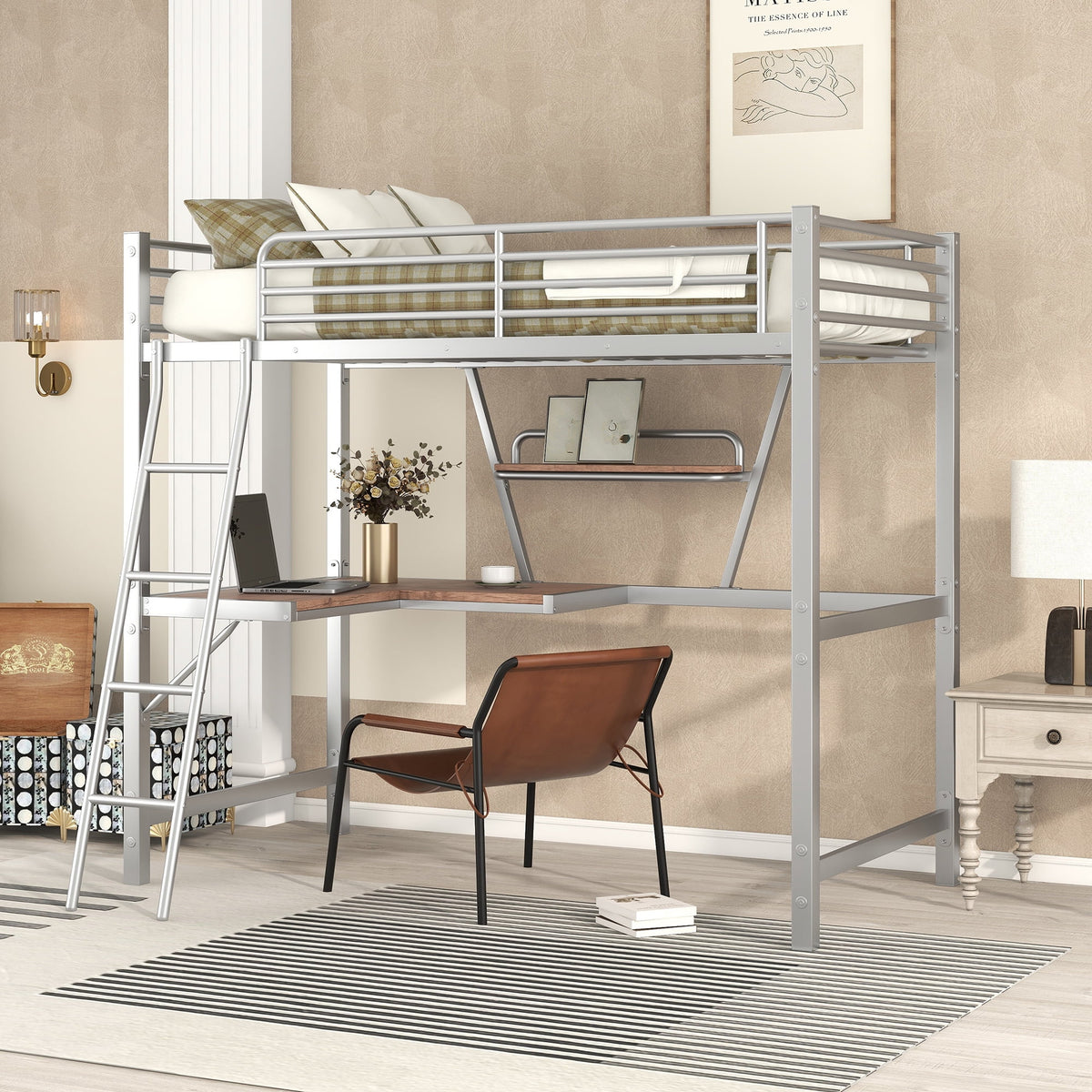 Metal Loft Bed with Desk and Shelf W251