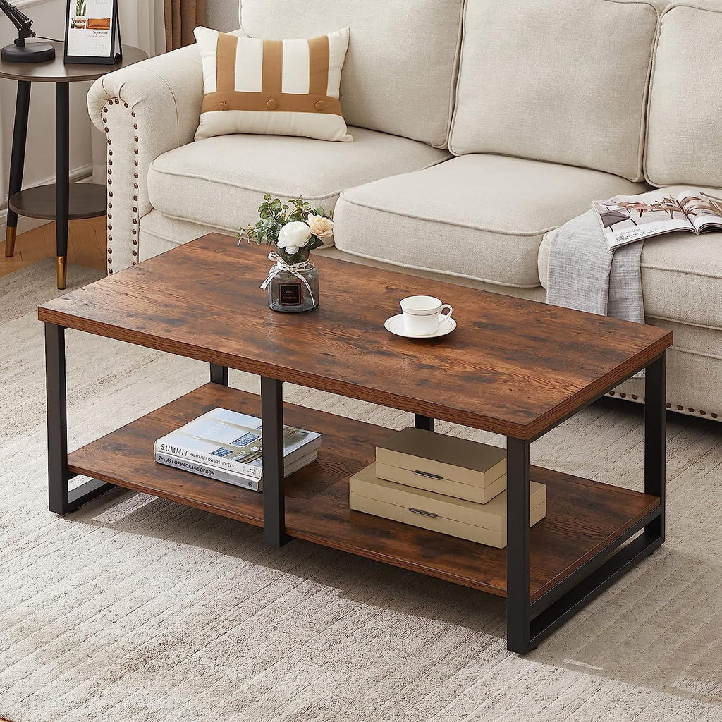 47 Inch Rustic Brown Wood Coffee Table with Storage Shelf R639775