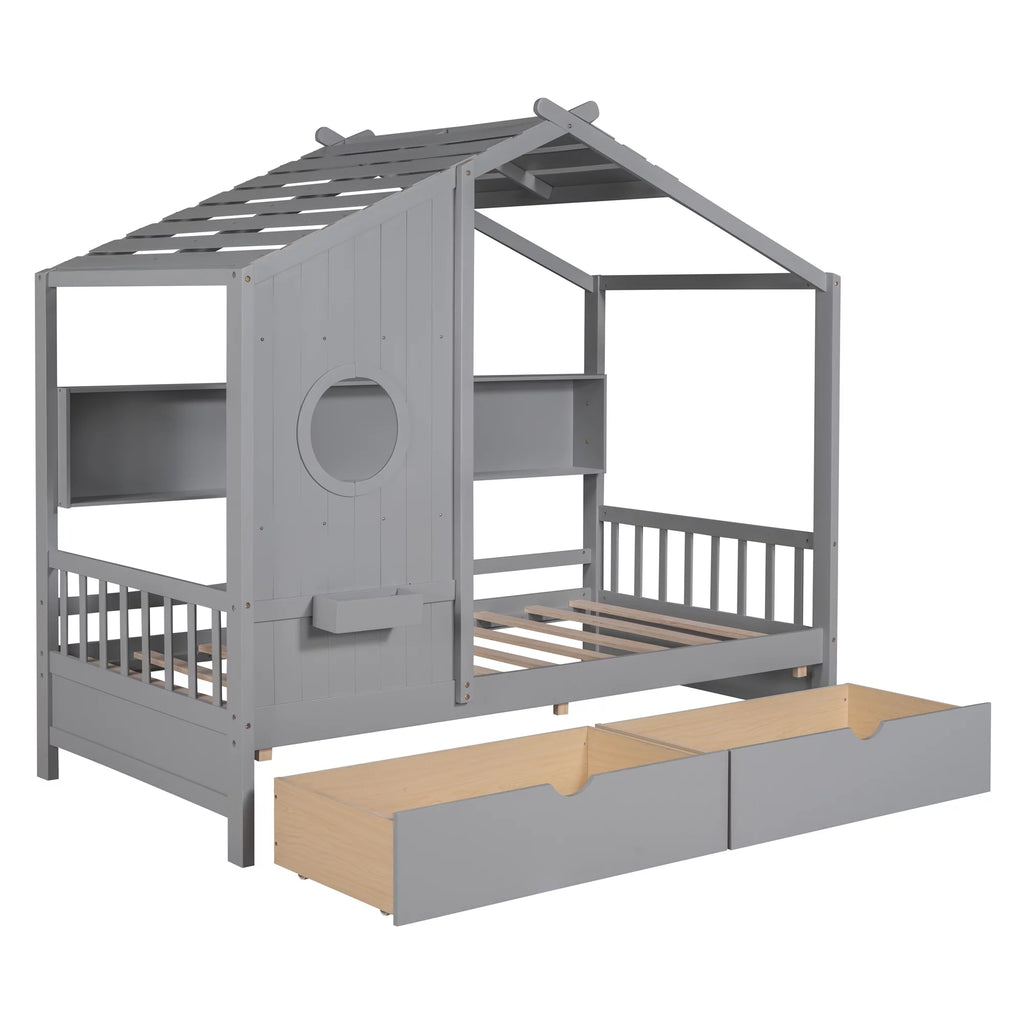 Gray Wood Twin Size Kids House Bed with 2 Drawers and Storage Shelves Z42962