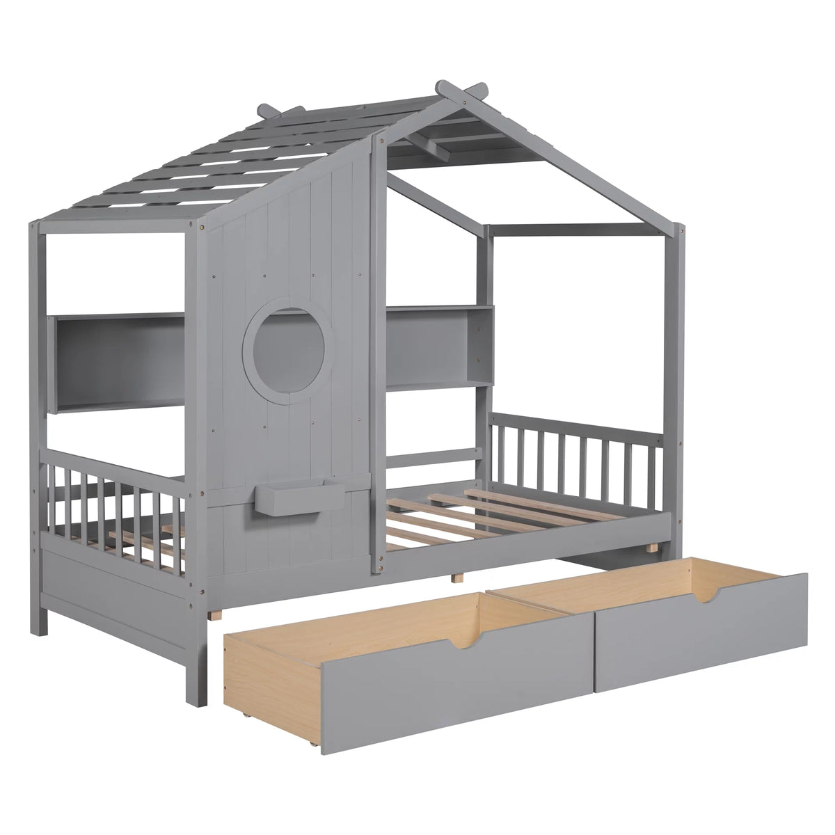 Gray Wood Twin Size Kids House Bed with 2 Drawers and Storage Shelves Z42962