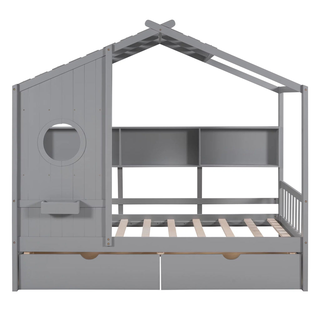 Gray Wood Twin Size Kids House Bed with 2 Drawers and Storage Shelves Z42962