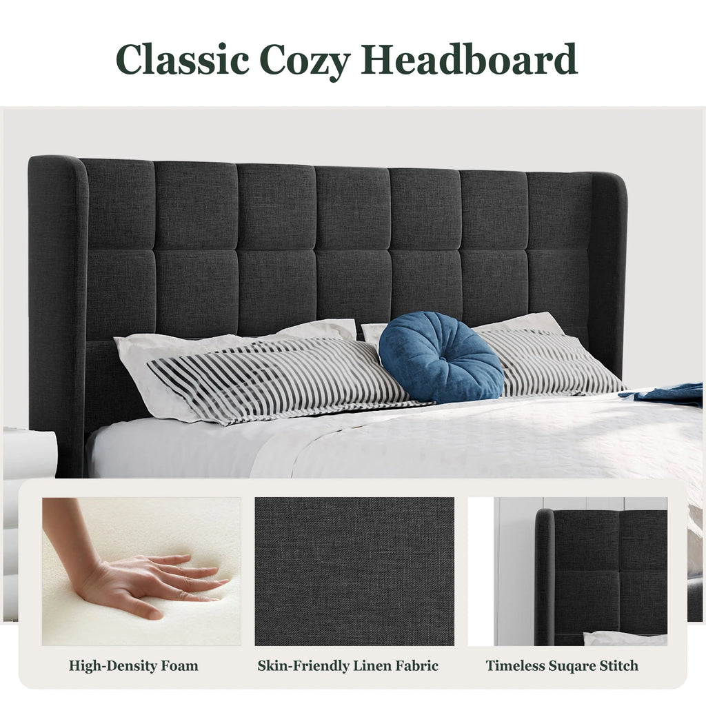 Queen Size Dark Grey Platform Bed with Wingback Headboard U94689