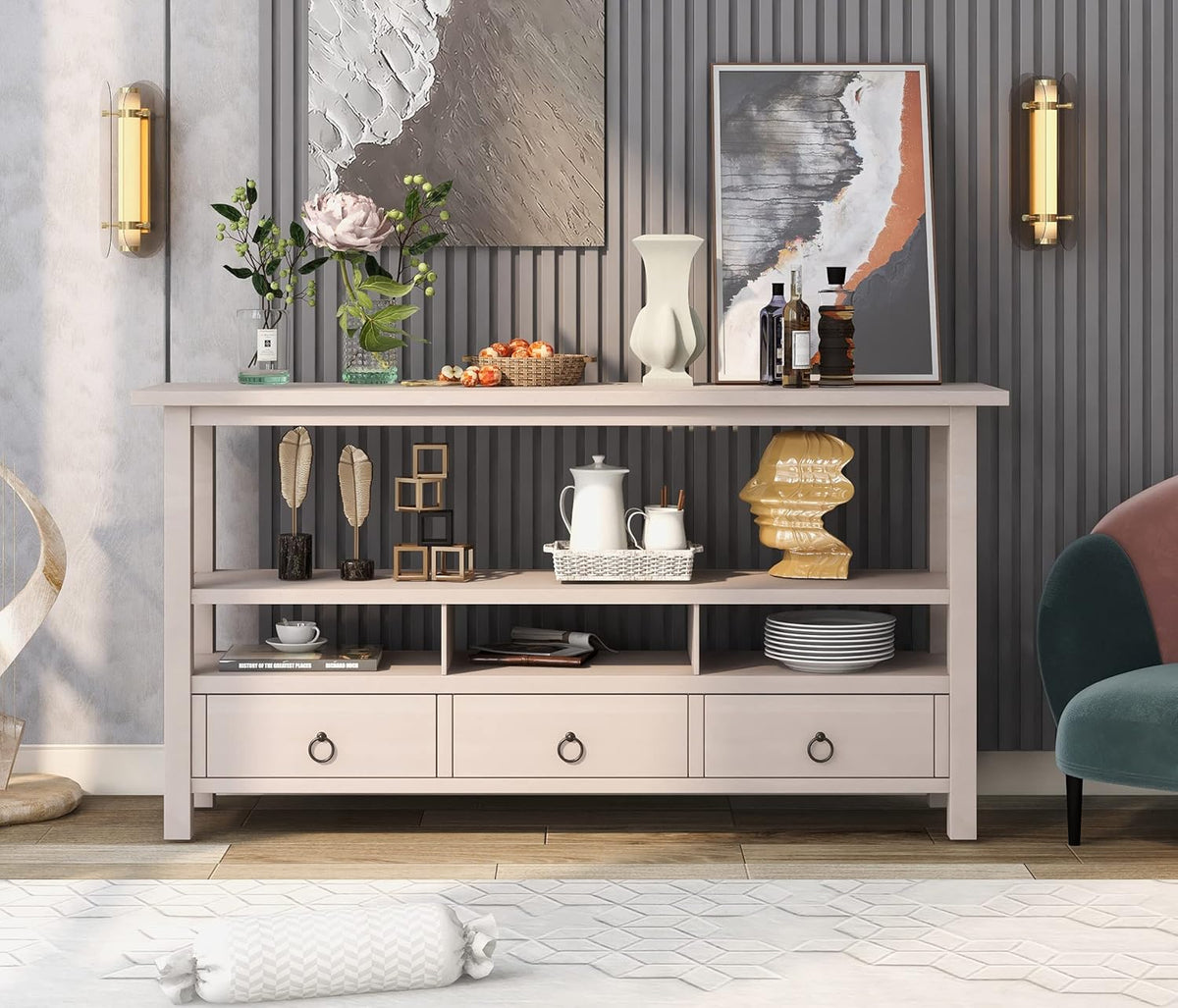 Light Green 6 Drawers Sideboard Console Table with Cabinet and Bottom Shelf A120
